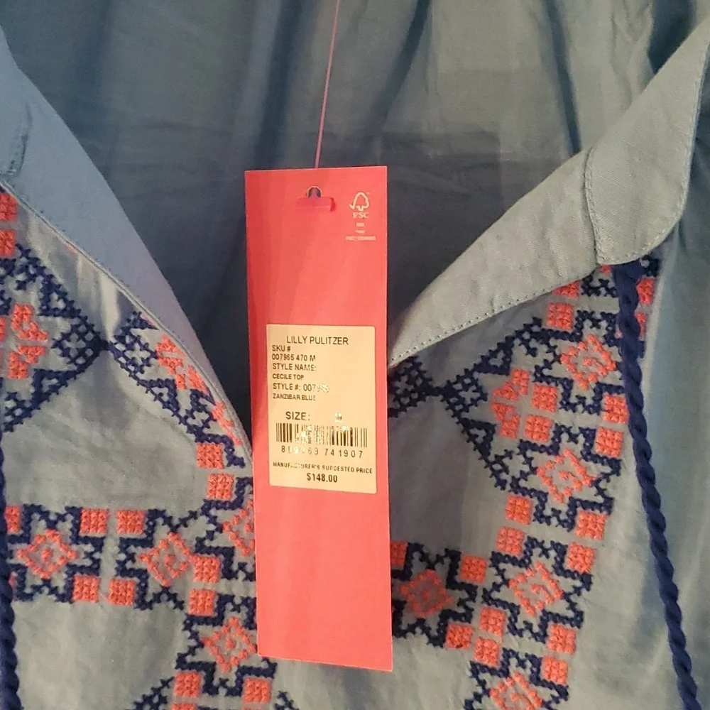 Lilly Pulitzer Cecile Zanzibar Blue Embroidered Long Sleeve Tunic Top Medium NWT - Picture 6 of 8
